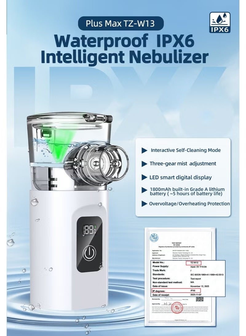 أحدث نيبولايزر ذكي ومقاوم للماء IPX6 للبالغين والأطفال، بشاشة رقمية وثلاثة أوضاع تشحيم، بخاخ محمول ليدوي مع تنظيف ذاتي - بخاخ فوطة فوق صوتي، مرشح بخار بارد عالي الكثافة، تشغيل هادئ، بطارية سعة 1800mAh طويلة الأمد، مناسب للأطفال، المنزل، المكتب والسفر - Image 2